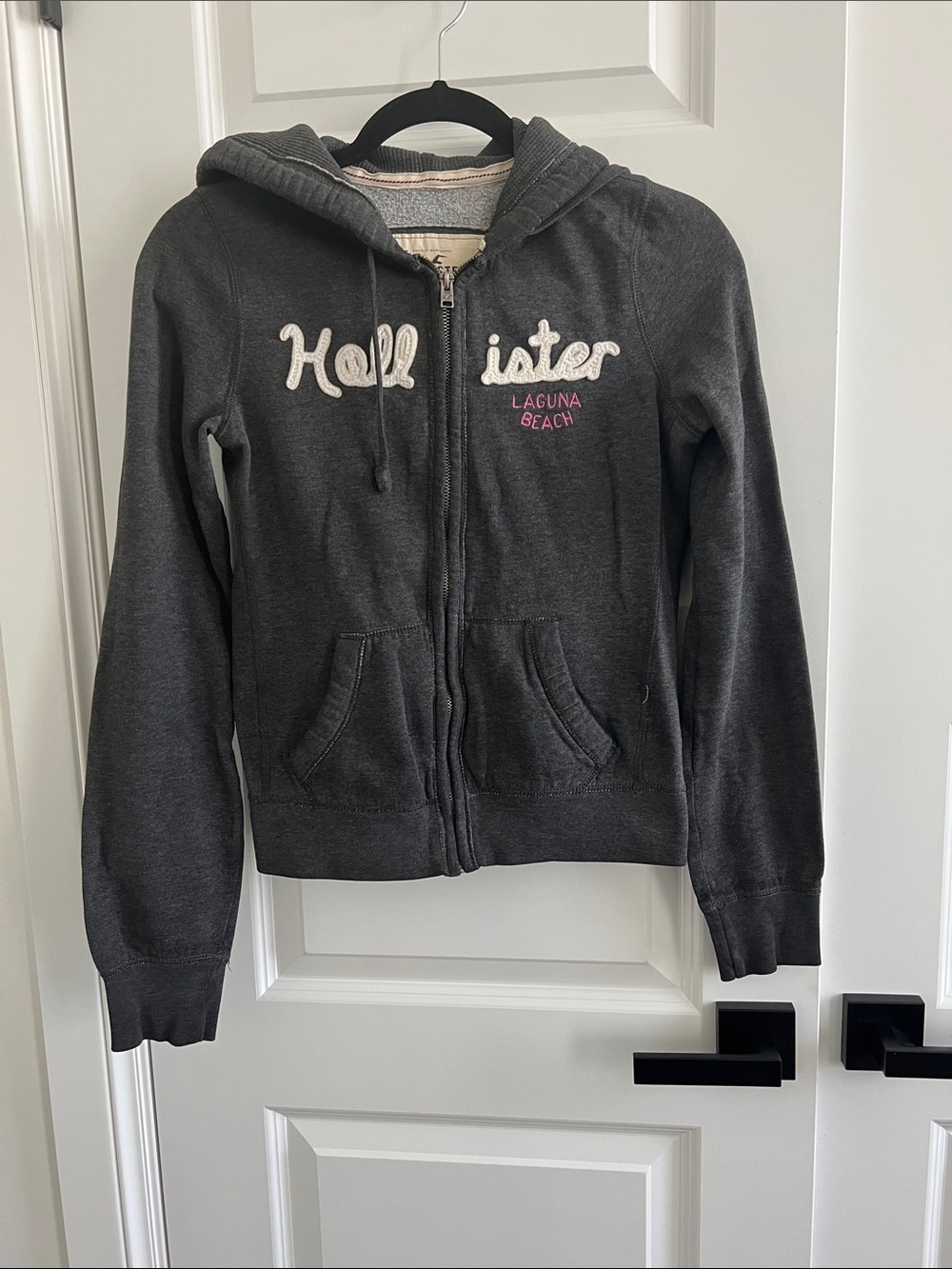 Hollister Charcoal Gray Zip Hoodie with Pink Accent